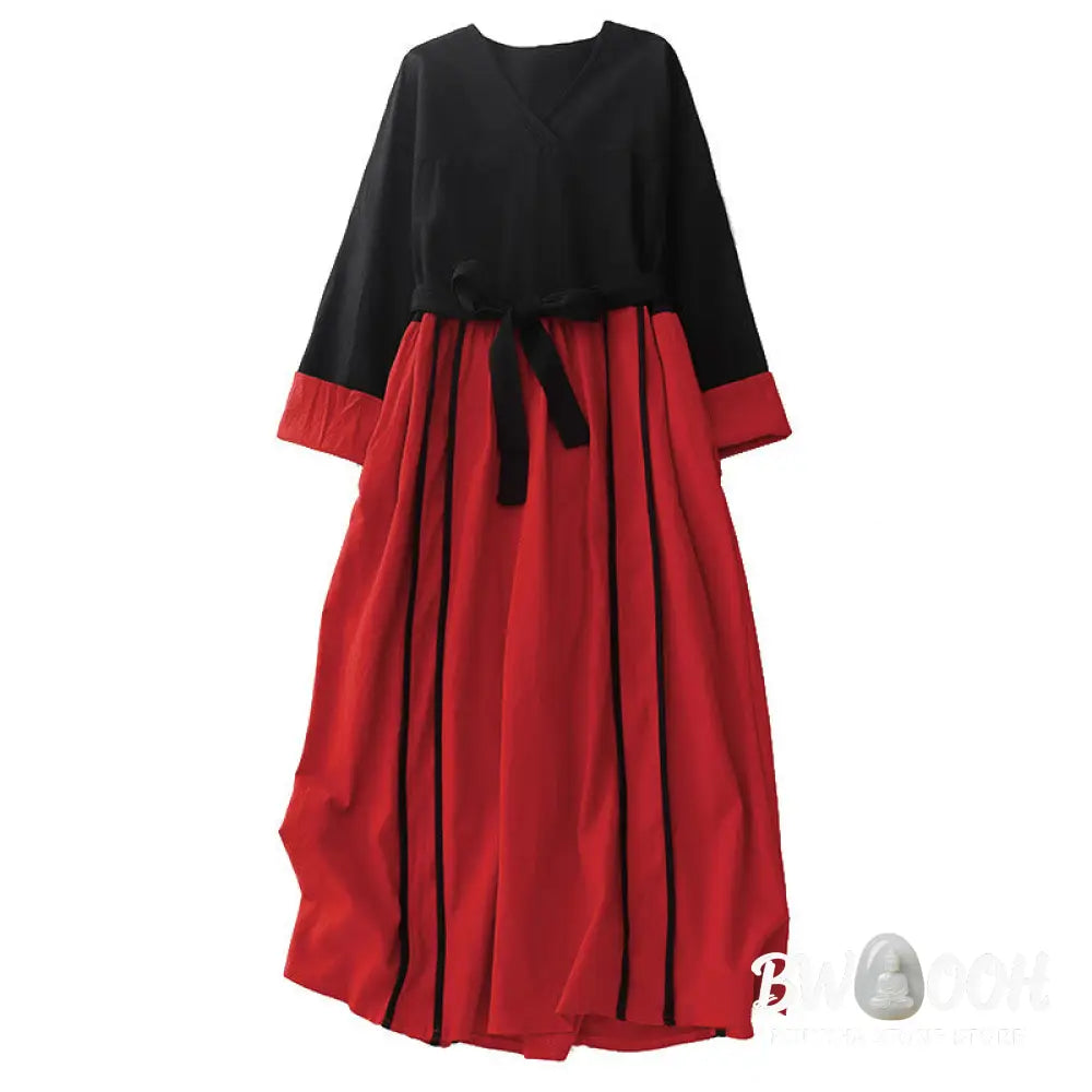 Buddha Stones Color Block Lace-Up Desgin Women’s Long Sleeve Midi Dress With Pockets - Midi Dress