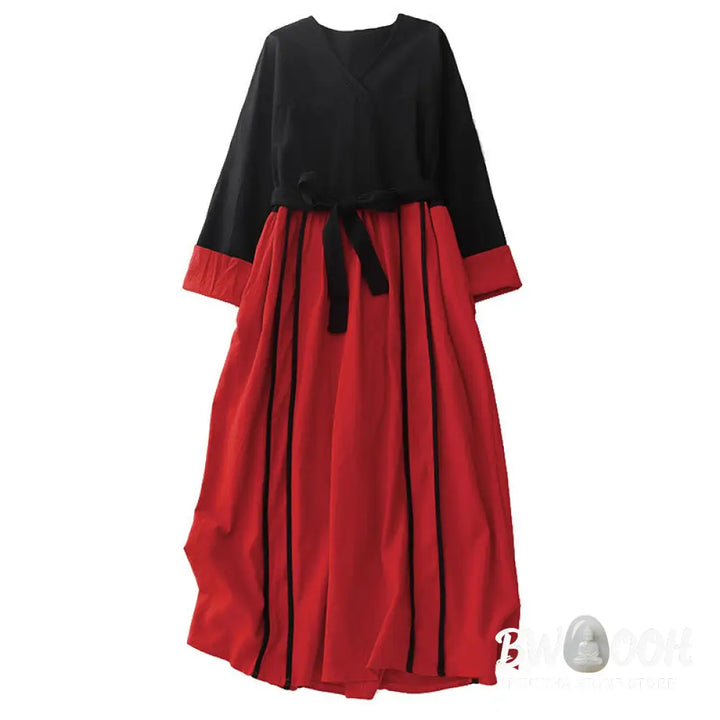Buddha Stones Color Block Lace-Up Desgin Women’s Long Sleeve Midi Dress With Pockets - Midi Dress