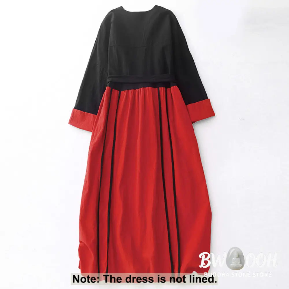 Buddha Stones Color Block Lace-Up Desgin Women’s Long Sleeve Midi Dress With Pockets - Midi Dress