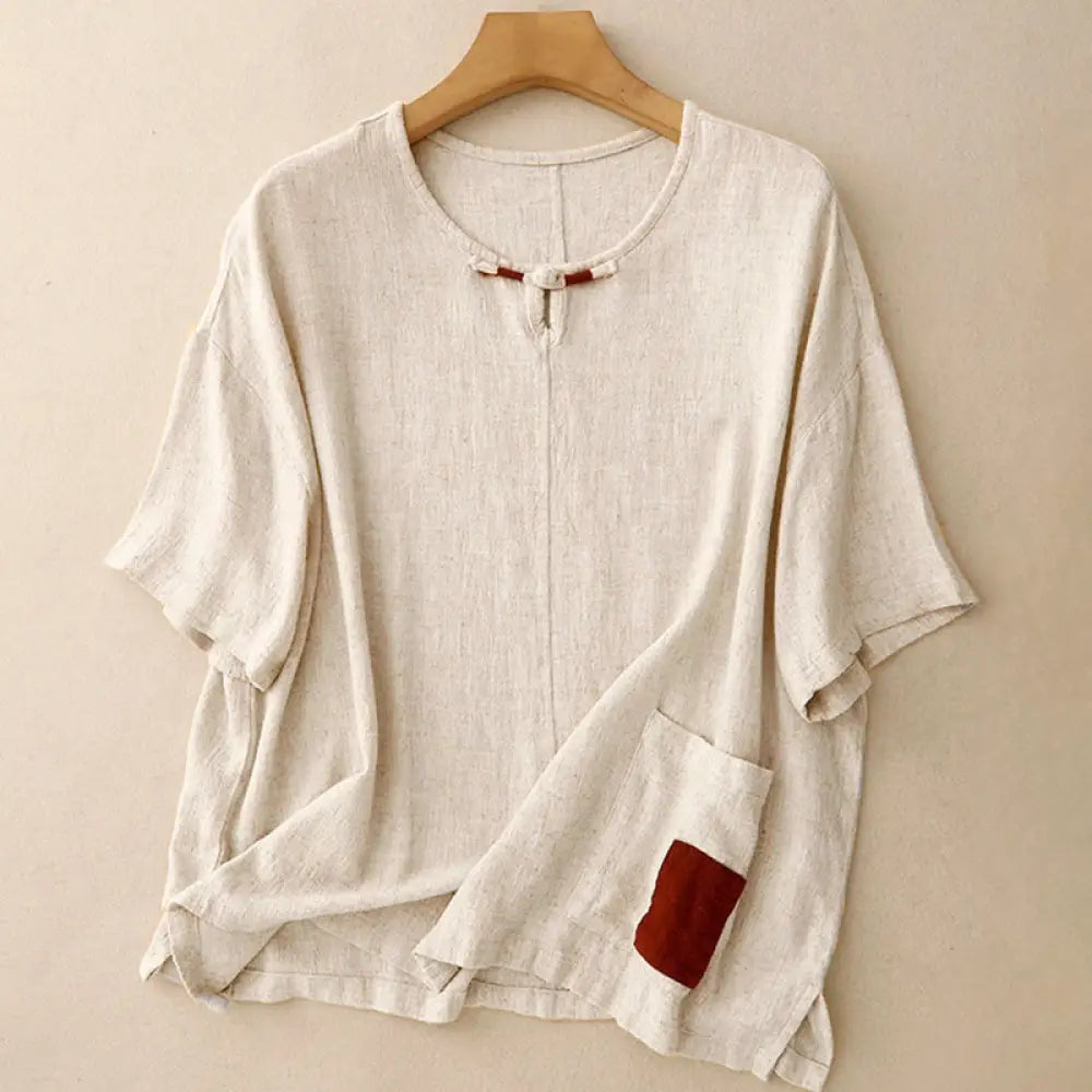 BWOOOH Colorblock Side Slit  Frog-Button Cotton Linen Hal
