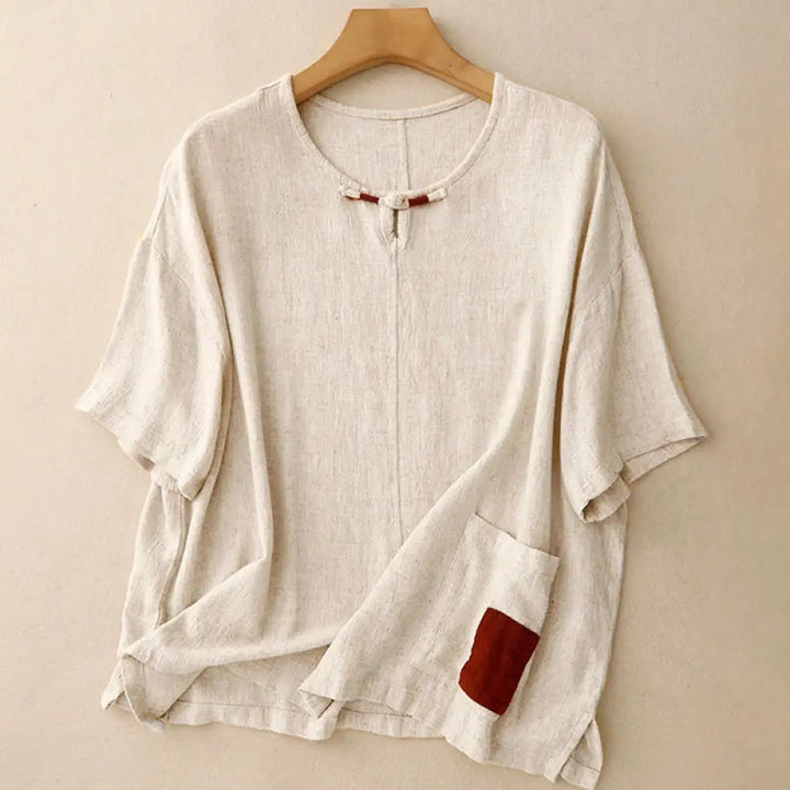 BWOOOH Colorblock Side Slit  Frog-Button Cotton Linen Hal
