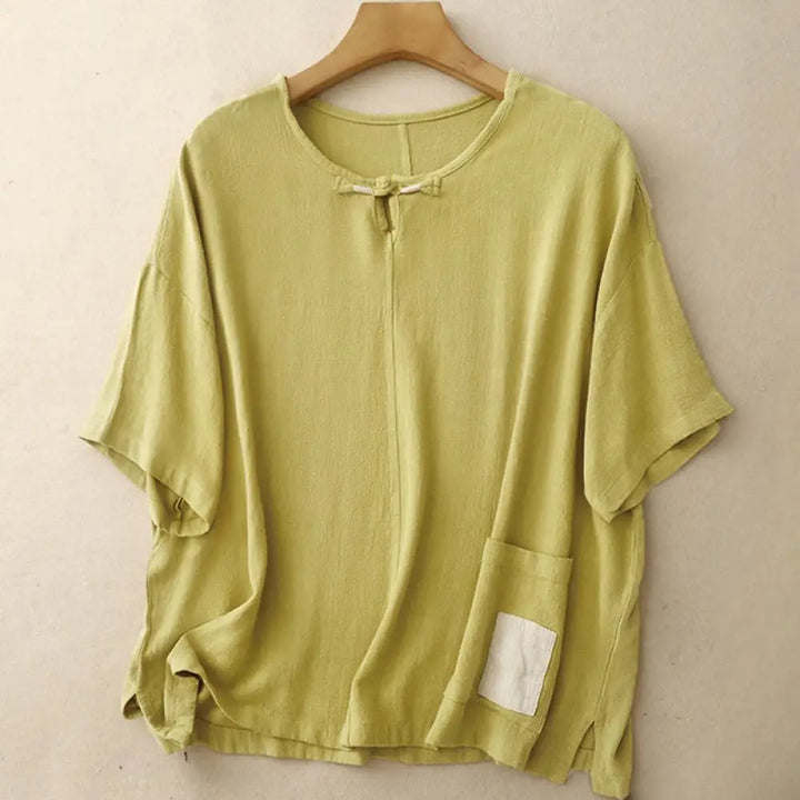 Buddha Stones Colorblock Side Slit Frog-Button Cotton Linen Half Sleeve Women’s Shirt With Pockets - Khaki
