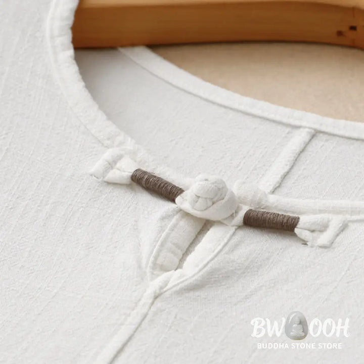 Buddha Stones Colorblock Side Slit Frog-Button Cotton Linen Half Sleeve Women’s Shirt With Pockets - Women’s Shirts
