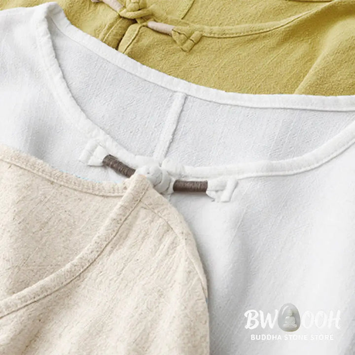 Buddha Stones Colorblock Side Slit Frog-Button Cotton Linen Half Sleeve Women’s Shirt With Pockets - Women’s Shirts