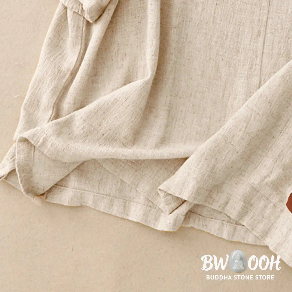 Buddha Stones Colorblock Side Slit Frog-Button Cotton Linen Half Sleeve Women’s Shirt With Pockets - Women’s Shirts