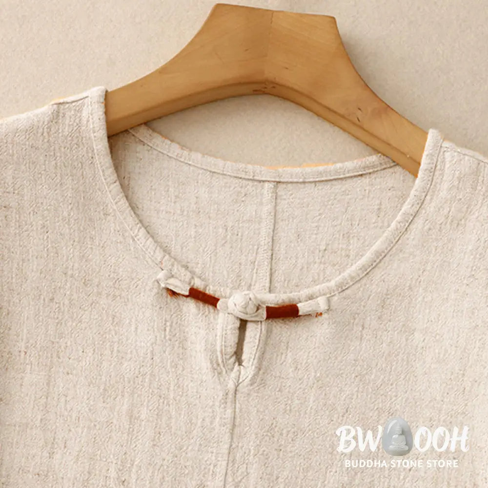 Buddha Stones Colorblock Side Slit Frog-Button Cotton Linen Half Sleeve Women’s Shirt With Pockets - Women’s Shirts