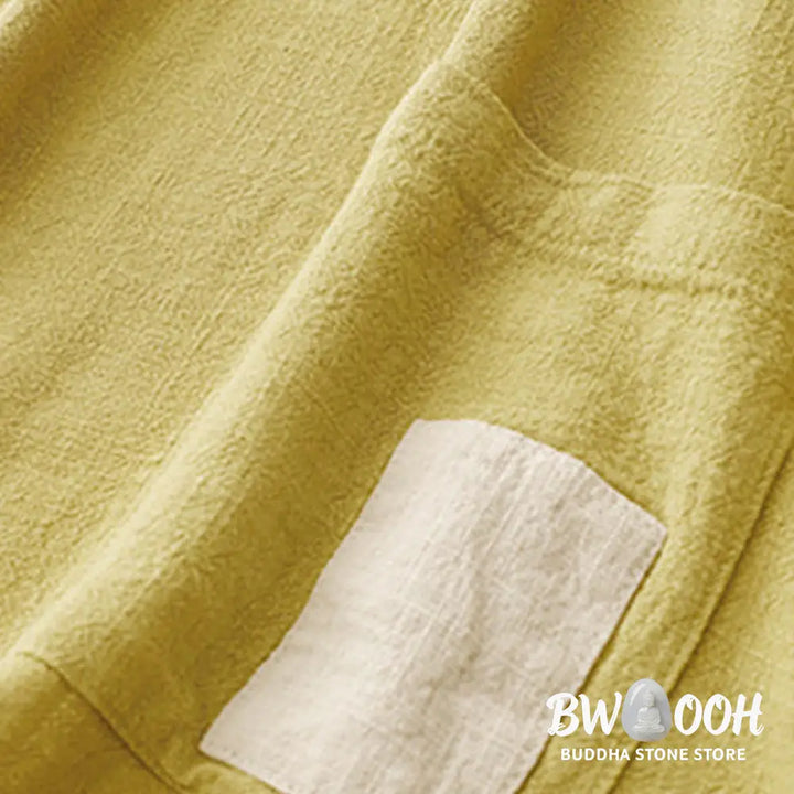 Buddha Stones Colorblock Side Slit Frog-Button Cotton Linen Half Sleeve Women’s Shirt With Pockets - Women’s Shirts