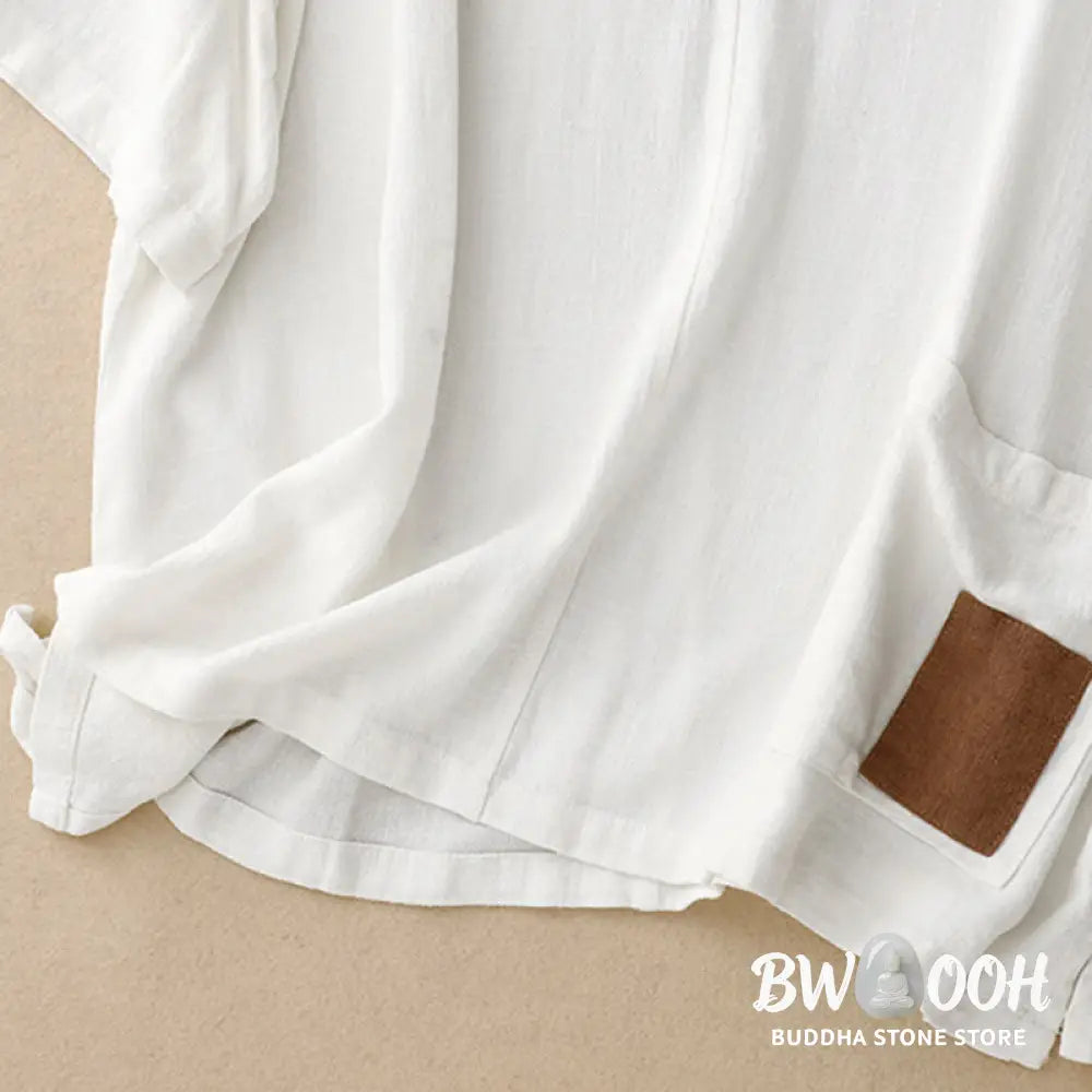 Buddha Stones Colorblock Side Slit Frog-Button Cotton Linen Half Sleeve Women’s Shirt With Pockets - Women’s Shirts