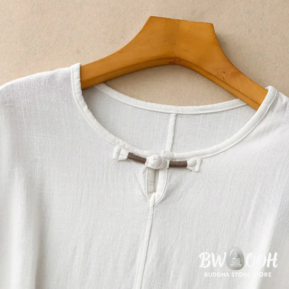 Buddha Stones Colorblock Side Slit Frog-Button Cotton Linen Half Sleeve Women’s Shirt With Pockets - Women’s Shirts