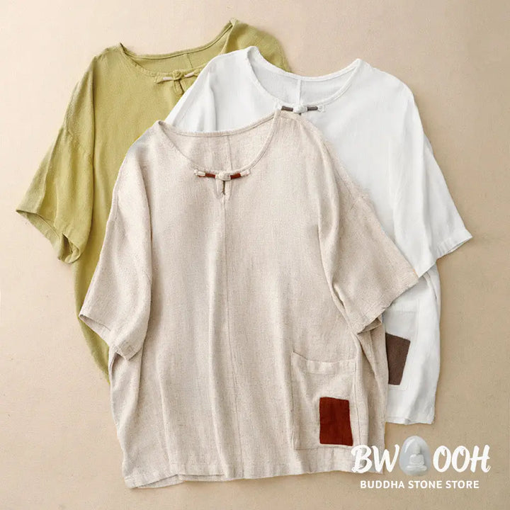 Buddha Stones Colorblock Side Slit Frog-Button Cotton Linen Half Sleeve Women’s Shirt With Pockets - Women’s Shirts