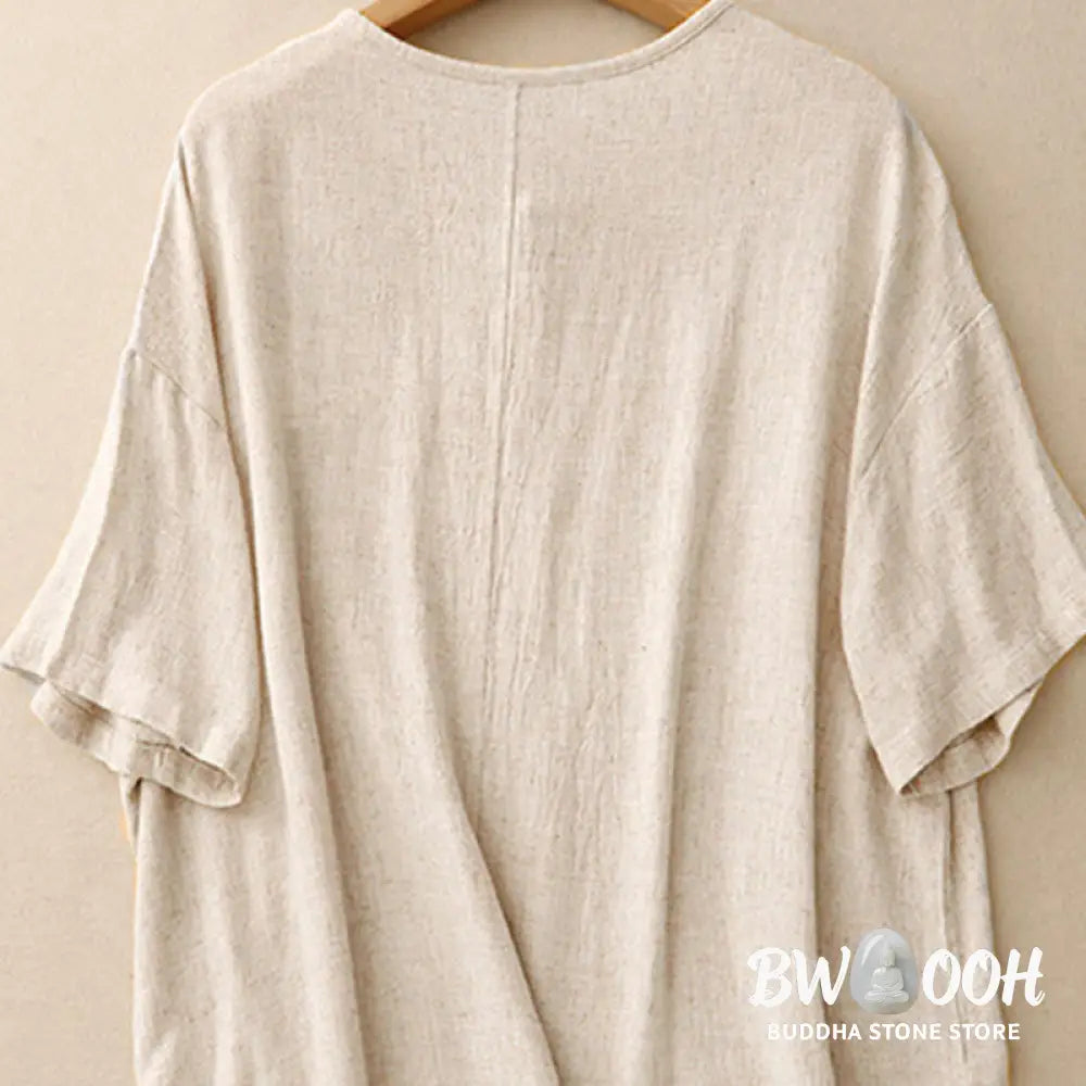 Buddha Stones Colorblock Side Slit Frog-Button Cotton Linen Half Sleeve Women’s Shirt With Pockets - Women’s Shirts