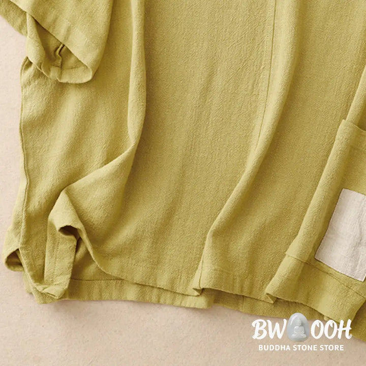 Buddha Stones Colorblock Side Slit Frog-Button Cotton Linen Half Sleeve Women’s Shirt With Pockets - Women’s Shirts