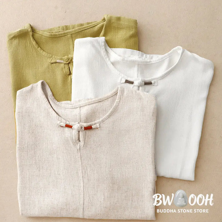Buddha Stones Colorblock Side Slit Frog-Button Cotton Linen Half Sleeve Women’s Shirt With Pockets - Women’s Shirts