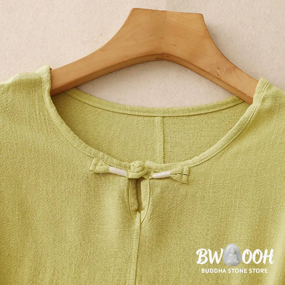 Buddha Stones Colorblock Side Slit Frog-Button Cotton Linen Half Sleeve Women’s Shirt With Pockets - Women’s Shirts