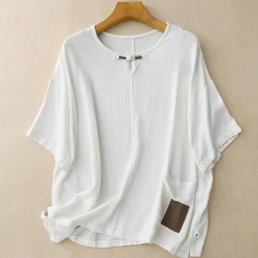 Buddha Stones Colorblock Side Slit Frog-Button Cotton Linen Half Sleeve Women’s Shirt With Pockets - White