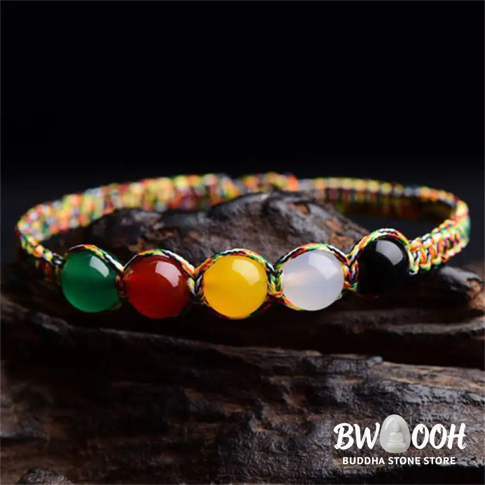 Buddha Stones Colorful Agate Metal Wood Water Fire Earth Five Elements String Bracelet - BWOOOH - Agate - Bracelet
