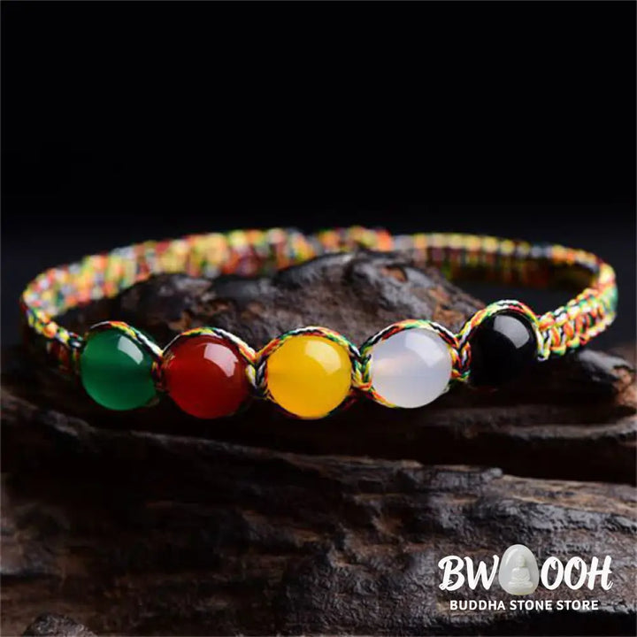 Buddha Stones Colorful Agate Metal Wood Water Fire Earth Five Elements String Bracelet - BWOOOH - Agate - Bracelet