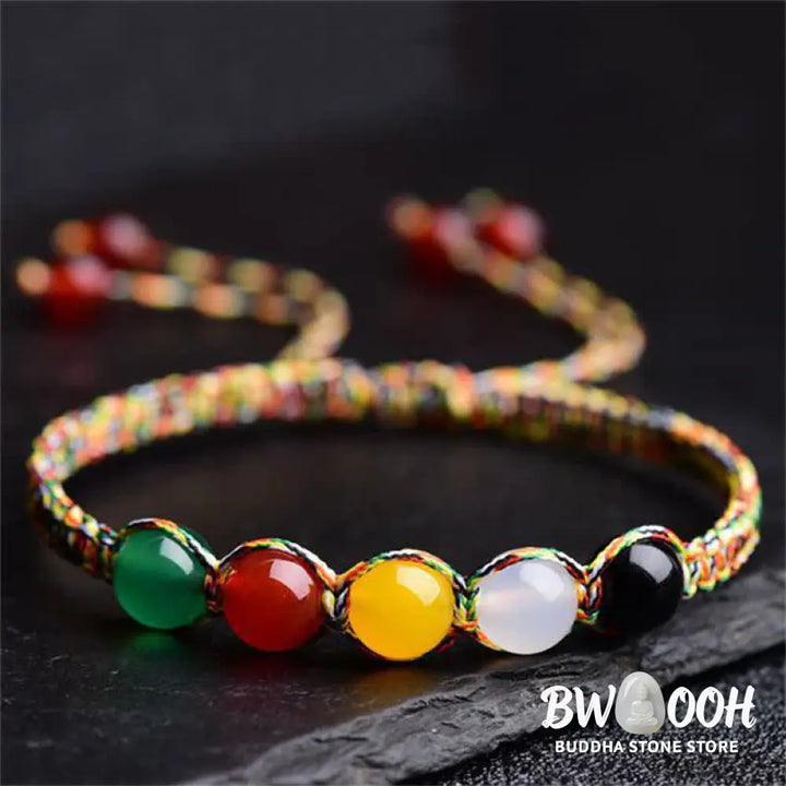 Buddha Stones Colorful Agate Metal Wood Water Fire Earth Five Elements String Bracelet - BWOOOH - Agate - Bracelet