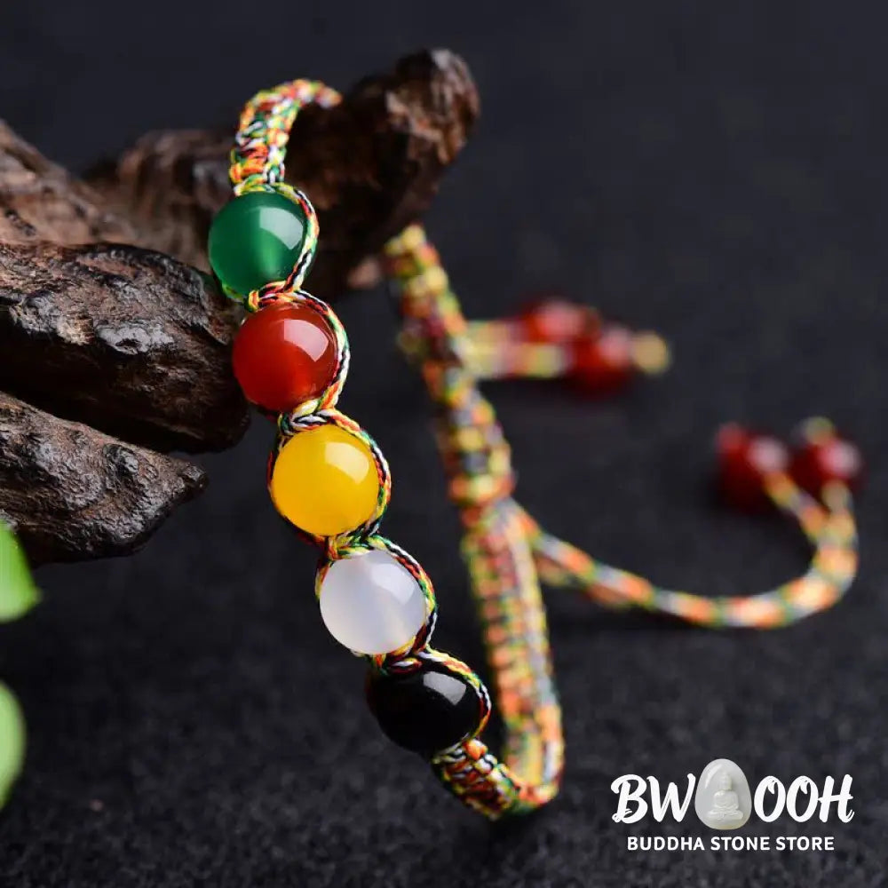 Buddha Stones Colorful Agate Metal Wood Water Fire Earth Five Elements String Bracelet - BWOOOH - Agate - Bracelet
