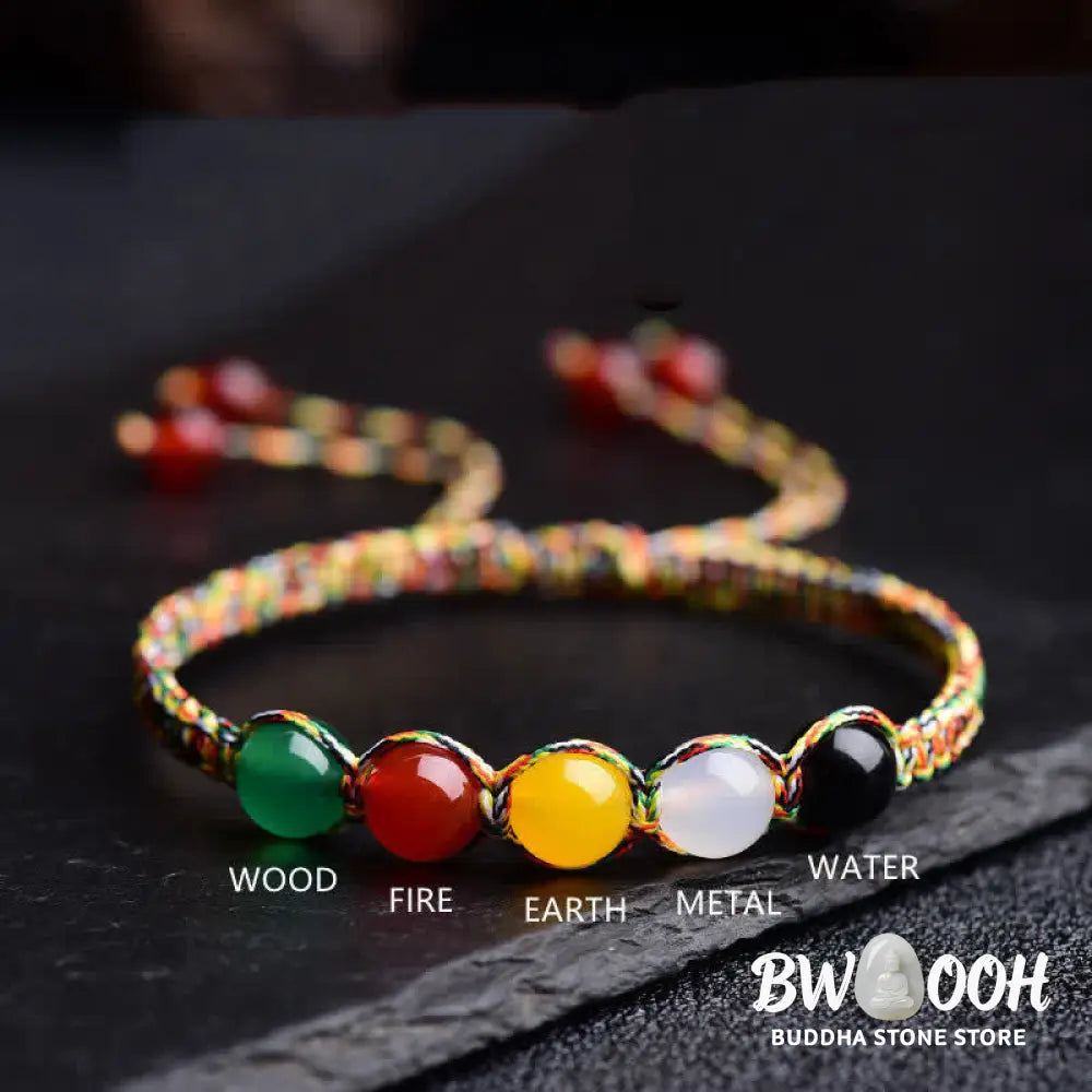 Buddha Stones Colorful Agate Metal Wood Water Fire Earth Five Elements String Bracelet - BWOOOH - Agate - Bracelet