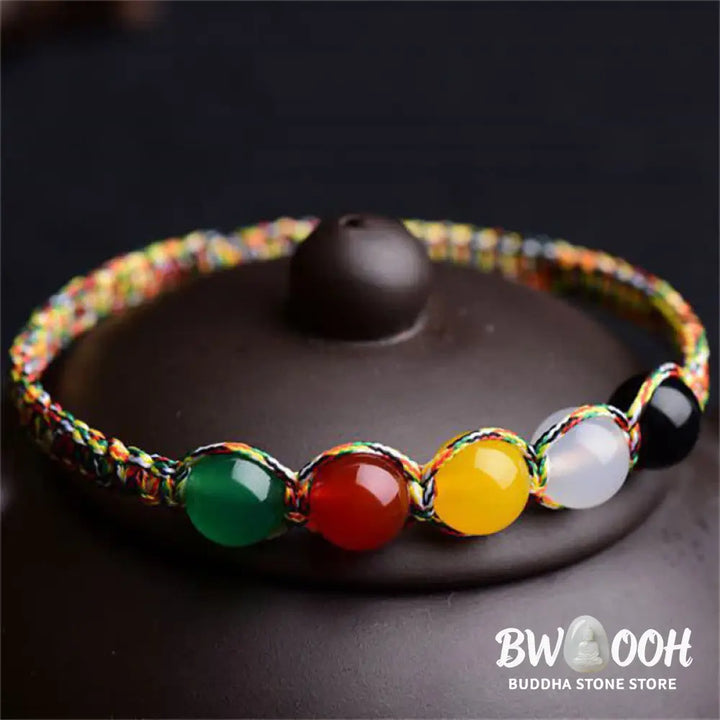 Buddha Stones Colorful Agate Metal Wood Water Fire Earth Five Elements String Bracelet - BWOOOH - Agate - Bracelet