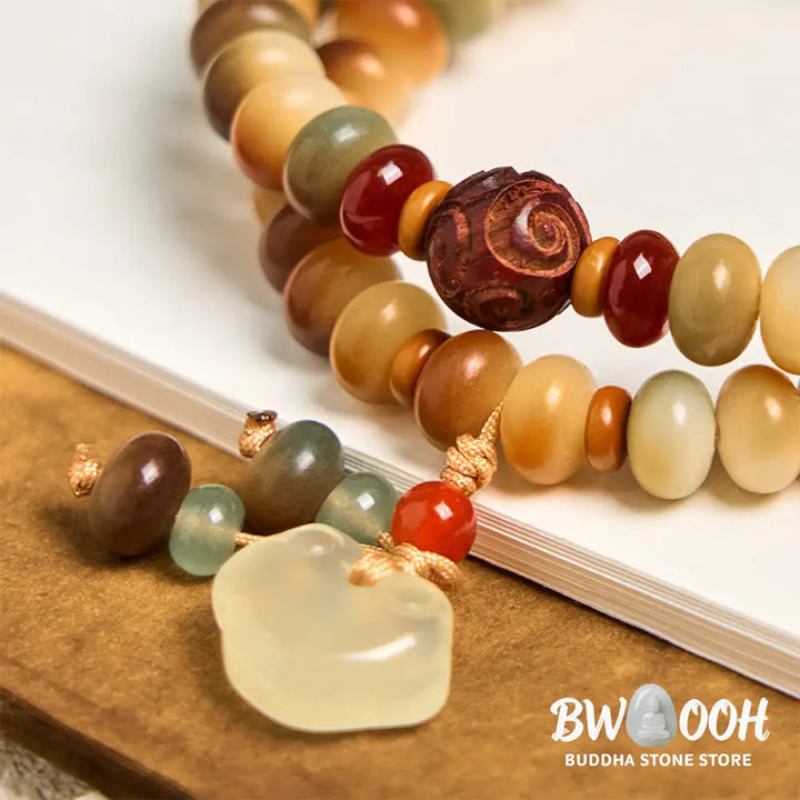 Buddha Stones Colorful Bodhi Seed Peace Lock Charm Wisdom Abacus Beads Double Wrap Bracelet - BWOOOH - Bodhi Seed(Wrist