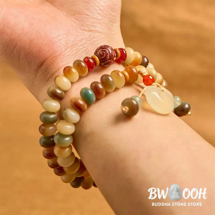 Buddha Stones Colorful Bodhi Seed Peace Lock Charm Wisdom Abacus Beads Double Wrap Bracelet - BWOOOH - Bodhi Seed(Wrist