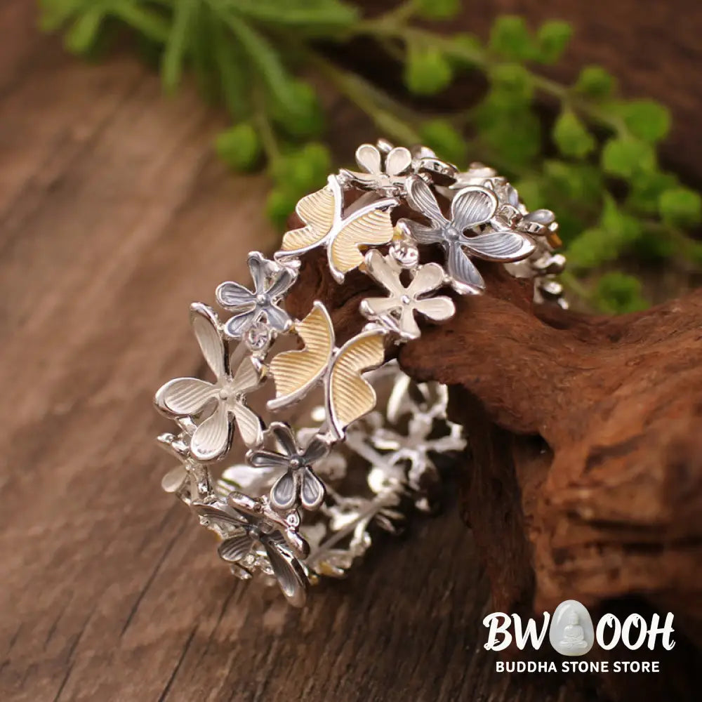 Buddha Stones Colorful Butterfly Flowers Love Alloy Elastic Bracelet Bangle - BWOOOH - Bracelet Bangle