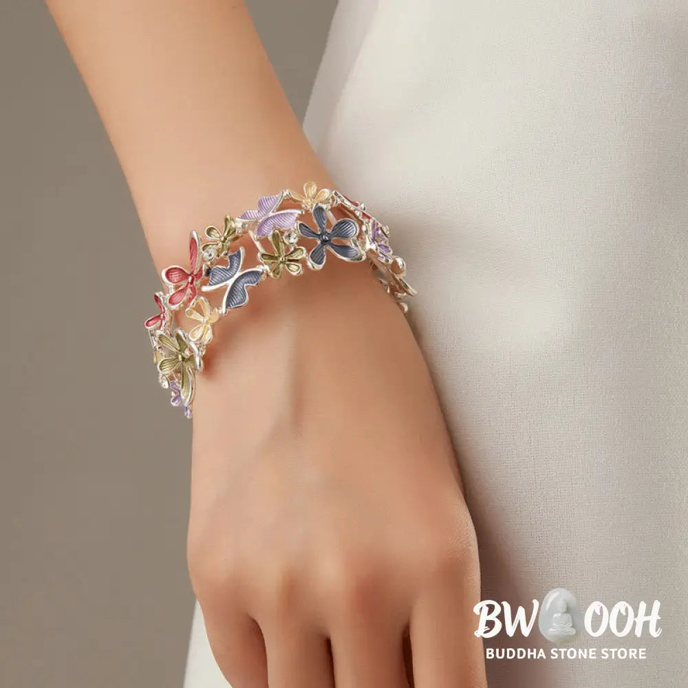 Buddha Stones Colorful Butterfly Flowers Love Alloy Elastic Bracelet Bangle - BWOOOH - Bracelet Bangle