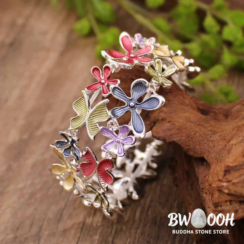 Buddha Stones Colorful Butterfly Flowers Love Alloy Elastic Bracelet Bangle - BWOOOH - Bracelet Bangle