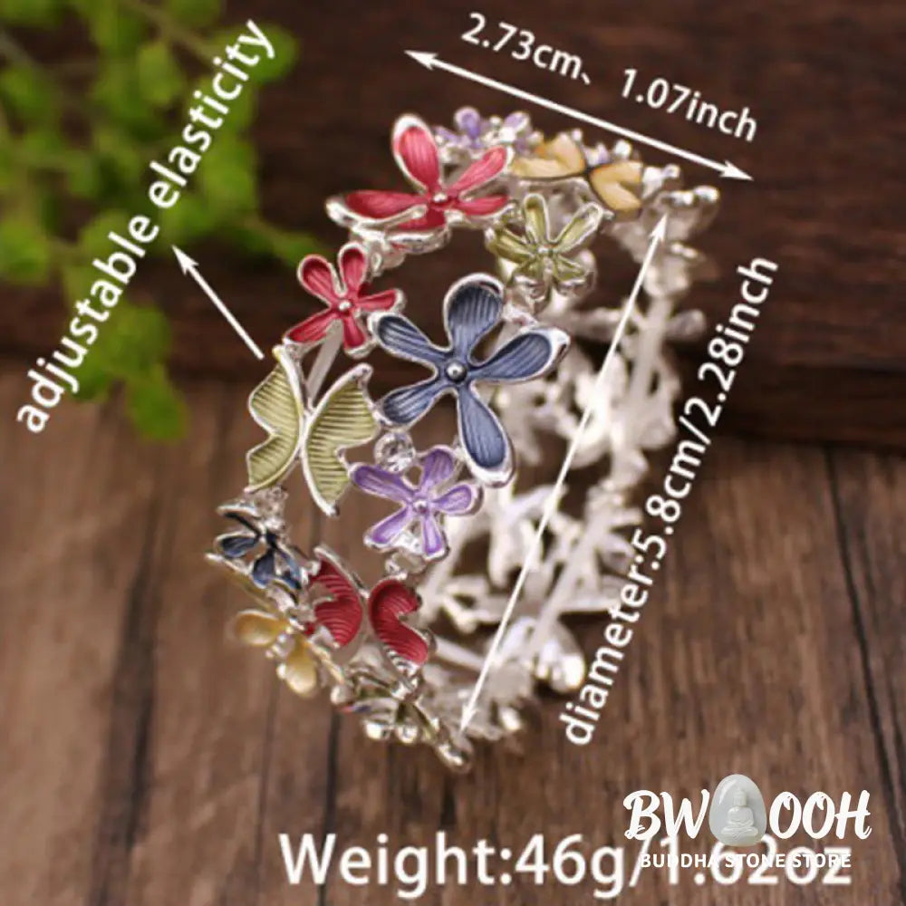Buddha Stones Colorful Butterfly Flowers Love Alloy Elastic Bracelet Bangle - BWOOOH - Bracelet Bangle