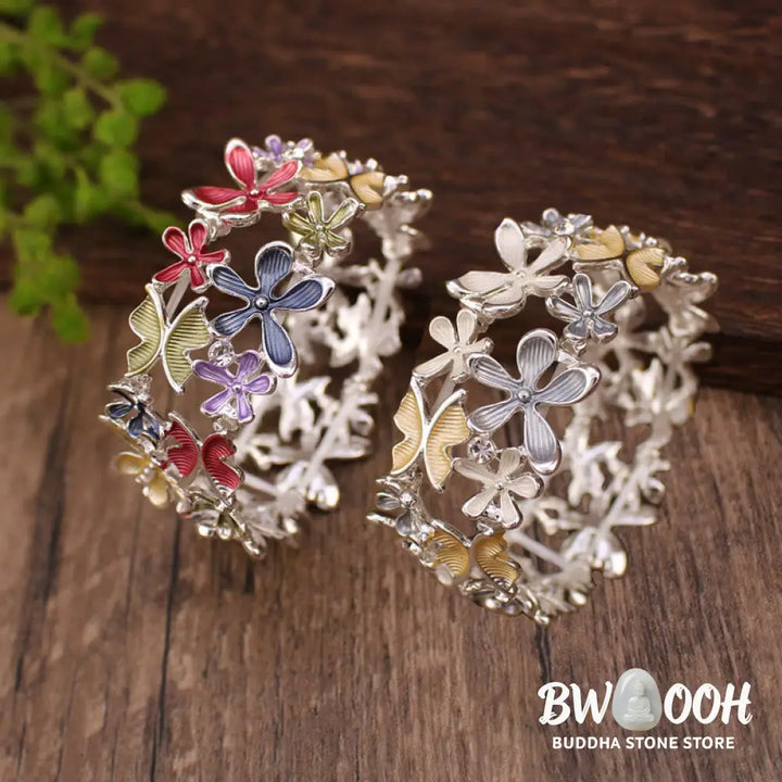 Buddha Stones Colorful Butterfly Flowers Love Alloy Elastic Bracelet Bangle - BWOOOH - Bracelet Bangle