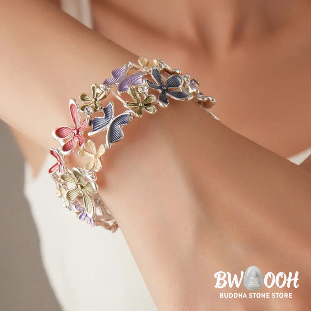 Buddha Stones Colorful Butterfly Flowers Love Alloy Elastic Bracelet Bangle - BWOOOH - Bracelet Bangle