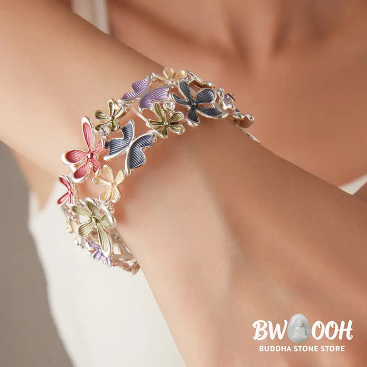 Buddha Stones Colorful Butterfly Flowers Love Alloy Elastic Bracelet Bangle - BWOOOH - Bracelet Bangle