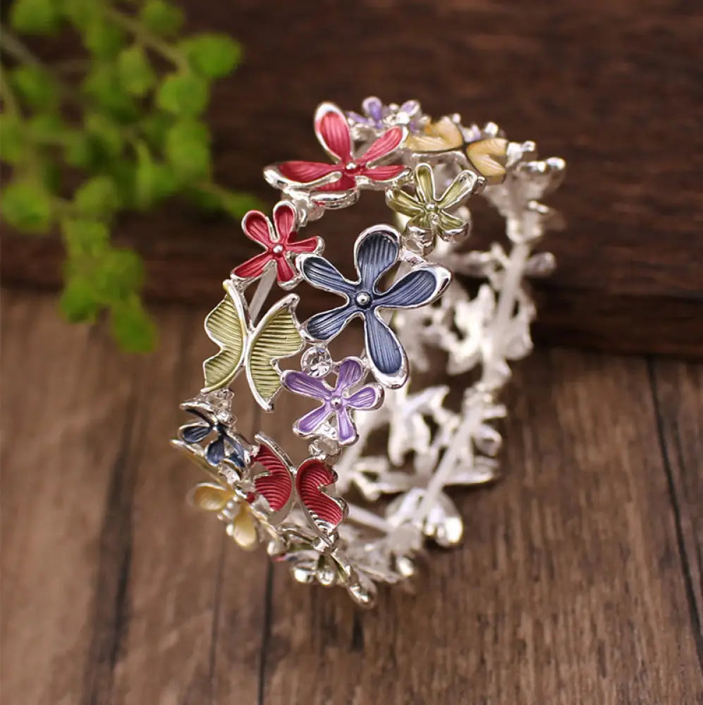 BWOOOH Colorful Butterfly Flowers Love Alloy Elastic Bracelet Bangle — natural stone crystal healing bracelet for spiritua...