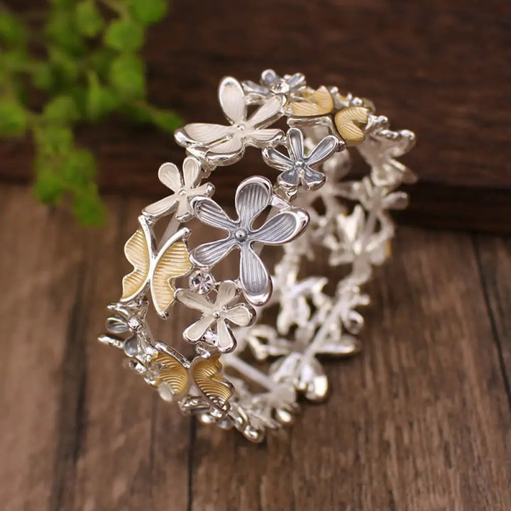 Buddha Stones Colorful Butterfly Flowers Love Alloy Elastic Bracelet Bangle - BWOOOH - Yellow 58mm - Bracelet Bangle