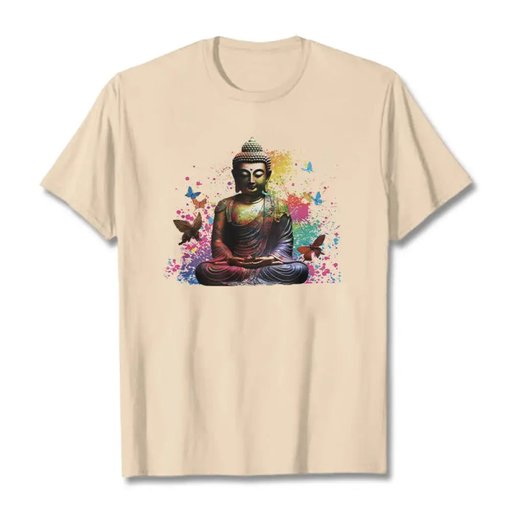 Buddha Stones Colorful Butterfly Flying Meditation Buddha Tee T-shirt - Bisque / S - T-Shirts