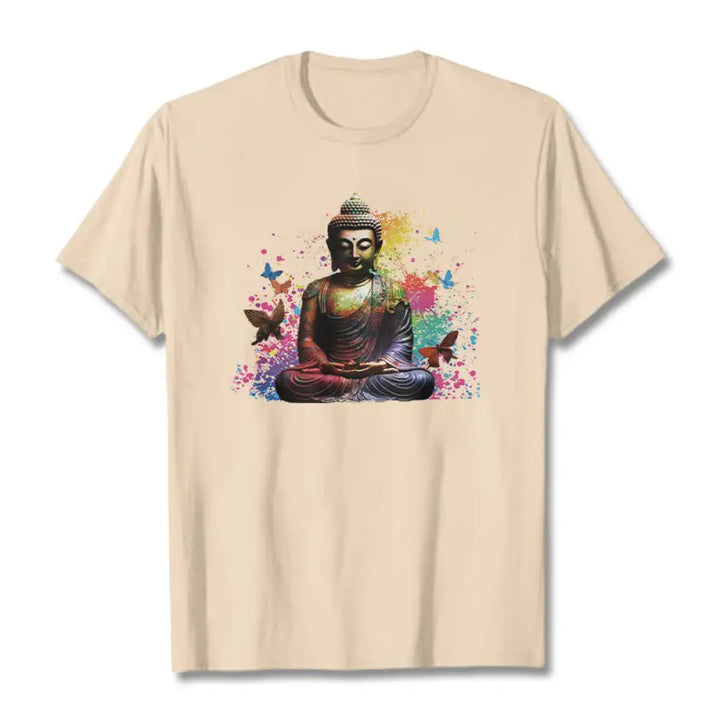 Buddha Stones Colorful Butterfly Flying Meditation Buddha Tee T-shirt - Bisque / S - T-Shirts