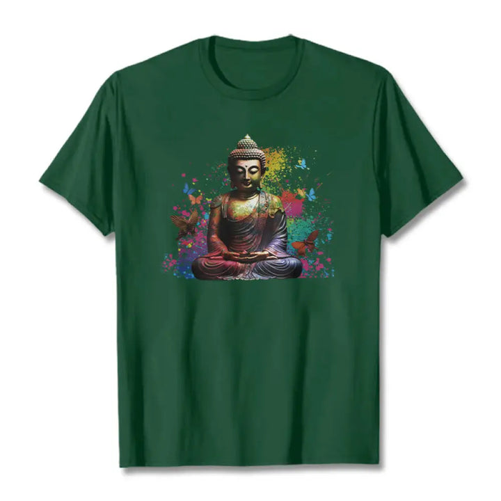 Buddha Stones Colorful Butterfly Flying Meditation Buddha Tee T-shirt - ForestGreen / S - T-Shirts