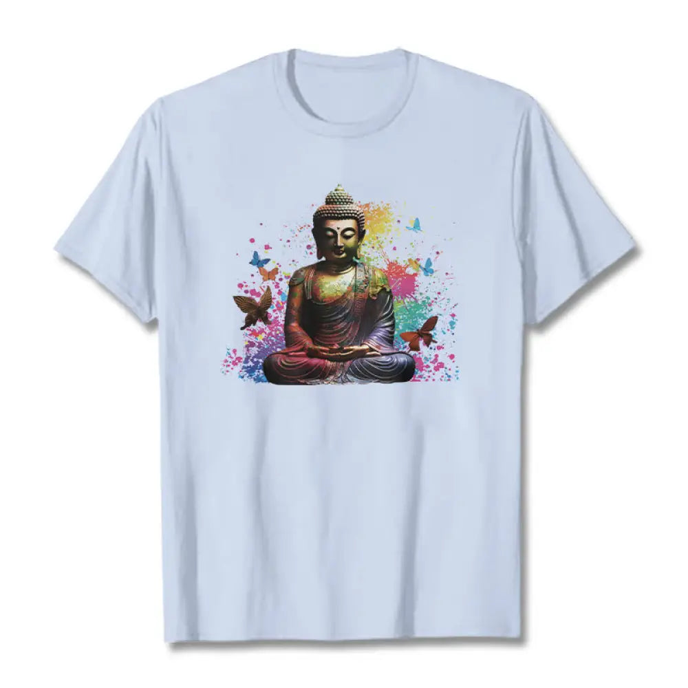 Buddha Stones Colorful Butterfly Flying Meditation Buddha Tee T-shirt - LightCyan / S - T-Shirts