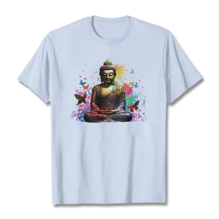 Buddha Stones Colorful Butterfly Flying Meditation Buddha Tee T-shirt - LightCyan / S - T-Shirts