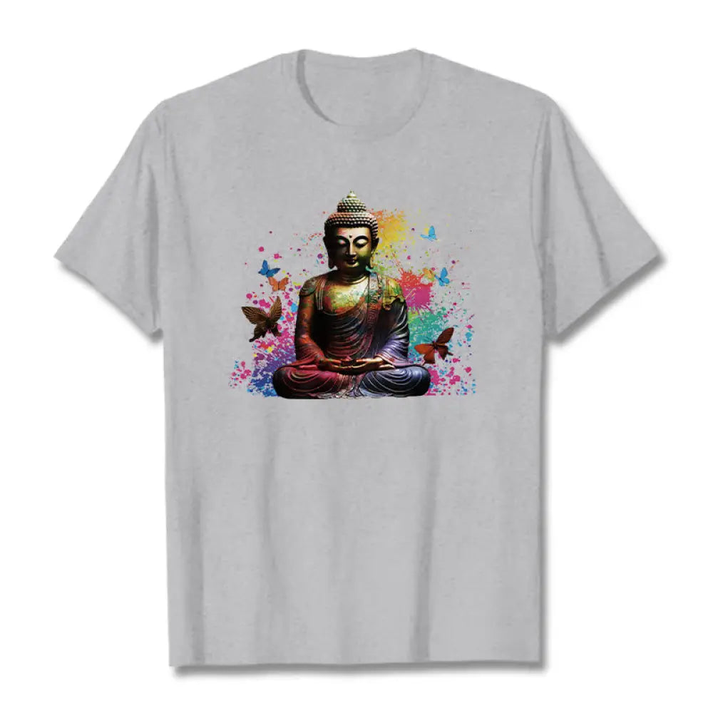 Buddha Stones Colorful Butterfly Flying Meditation Buddha Tee T-shirt - LightGrey / S - T-Shirts