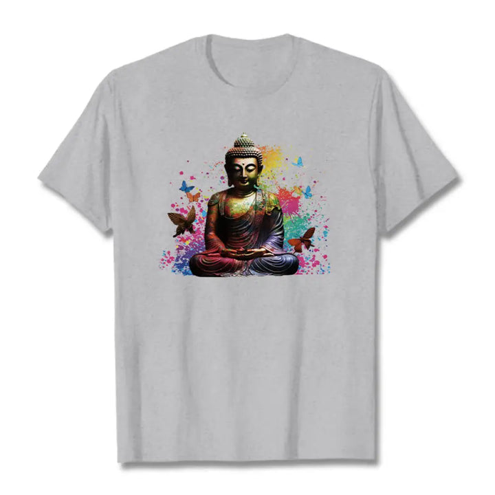 Buddha Stones Colorful Butterfly Flying Meditation Buddha Tee T-shirt - LightGrey / S - T-Shirts