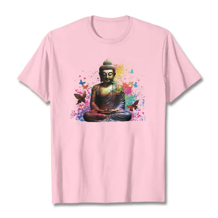 Buddha Stones Colorful Butterfly Flying Meditation Buddha Tee T-shirt - LightPink / S - T-Shirts