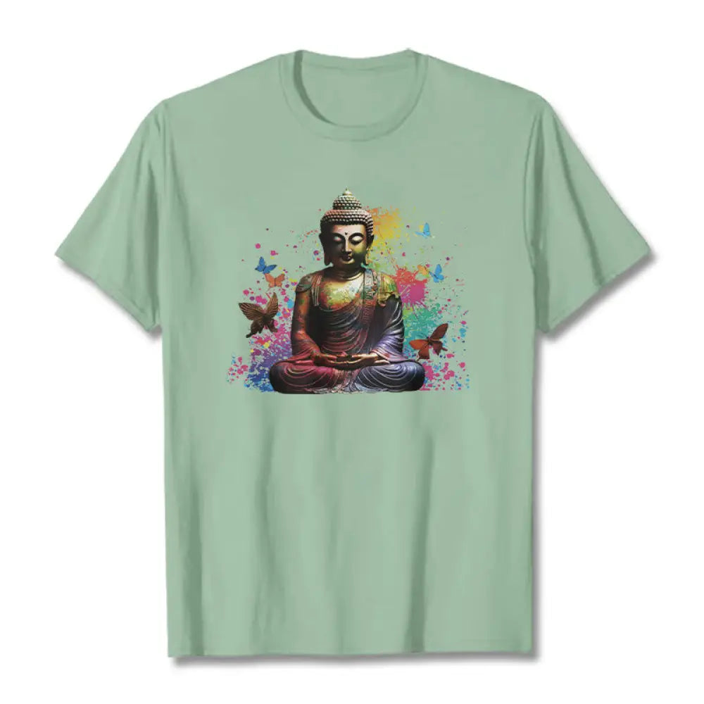 Buddha Stones Colorful Butterfly Flying Meditation Buddha Tee T-shirt - PaleGreen / S - T-Shirts