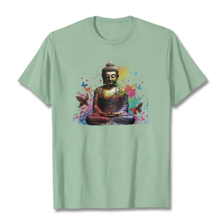 Buddha Stones Colorful Butterfly Flying Meditation Buddha Tee T-shirt - PaleGreen / S - T-Shirts