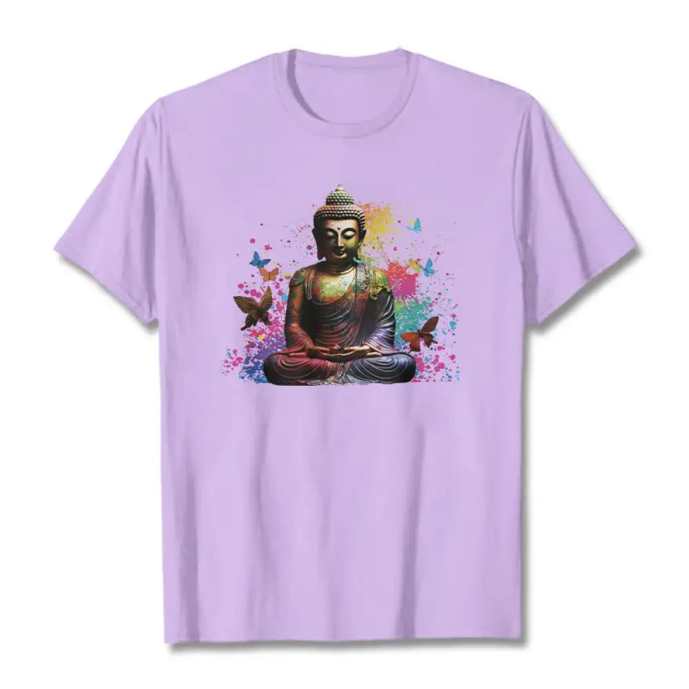 Buddha Stones Colorful Butterfly Flying Meditation Buddha Tee T-shirt - Plum / S - T-Shirts
