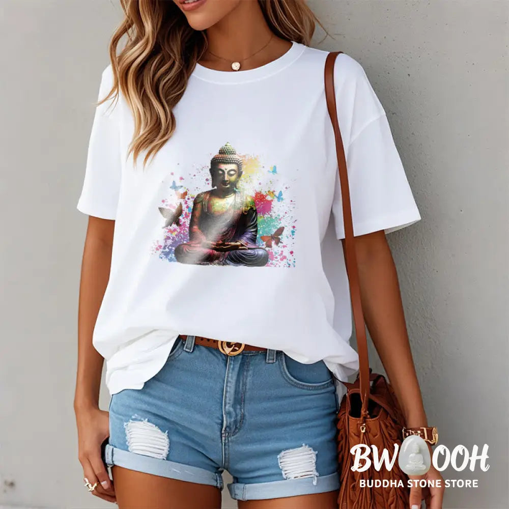 Buddha Stones Colorful Butterfly Flying Meditation Buddha Tee T-shirt - T-Shirts