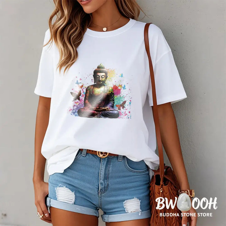 Buddha Stones Colorful Butterfly Flying Meditation Buddha Tee T-shirt - T-Shirts