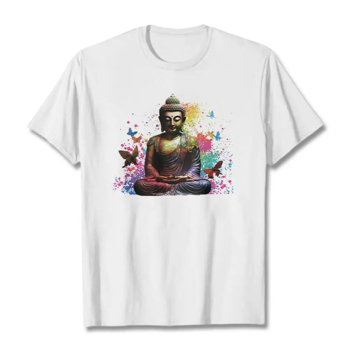Buddha Stones Colorful Butterfly Flying Meditation Buddha Tee T-shirt - White / S - T-Shirts